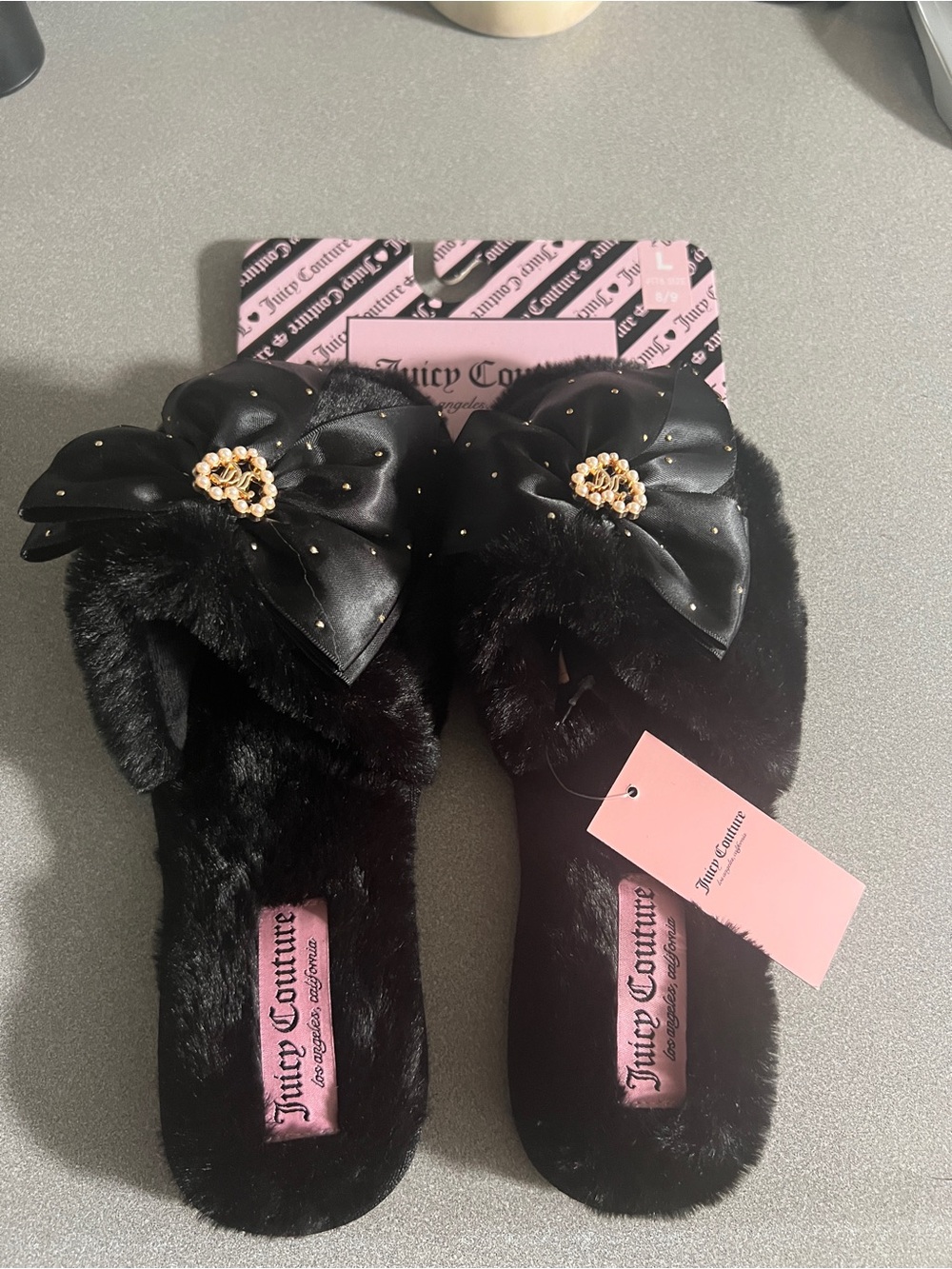 Juicy Couture Black Faux Fur Slide Slippers with Satin Bow & Jeweled Accent